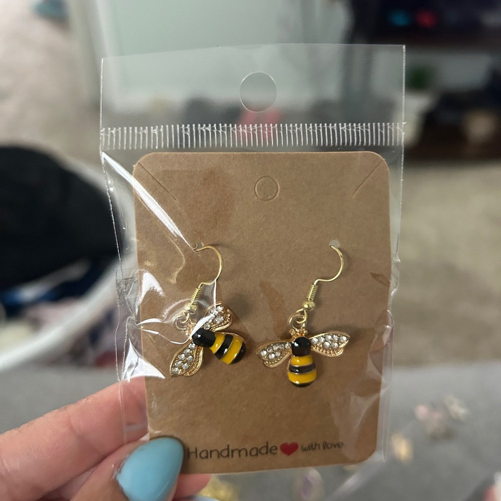 Handmade Gold-Tone Yellow & Black Bee Dangle Earrings